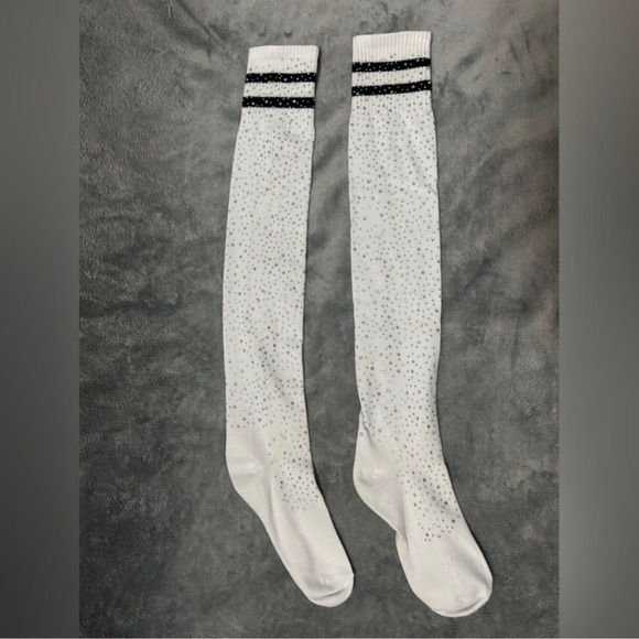 Womens white Stripe Tube rhinestone Baseball knee high socks - Picture 2 of 2